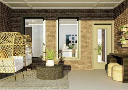 Rendering of the covered patio with a
  view into the open-floor plan. The patio features natural furniture and
  décor.