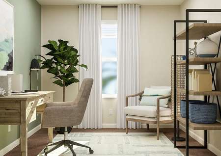 Rendering of office room showing a wooden
  desk and chair along a green accent wall on the left, a large window with
  curtain center, and an accent chair and shelving on the right with tan carpet
  flooring throughout.