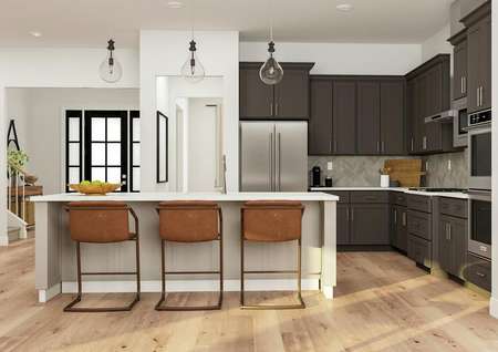 Rendering of the Timberline plan's
  kitchen centered on the large island with three leather stools and pendant
  lights. Stainless steel appliances and quartz countertops can be seen to the
  right while the entry and staircase are visible on the left.