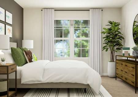 Rendering of a bedroom with a large
  window. A bed and nightstands face a wall with the dresser and potted tree.