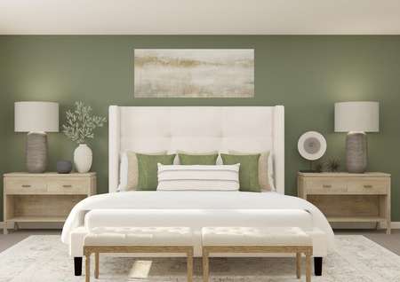 Rendering of the owner's large bedroom,
  featuring oversized furniture along a warm green accent wall.