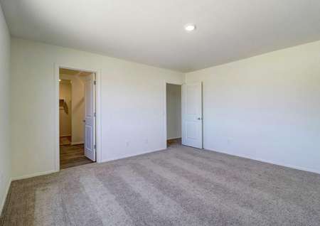 The master bedroom in the Guadalupe floor plan with a ceiling light fixture, carpet flooring and a walk-in closet.