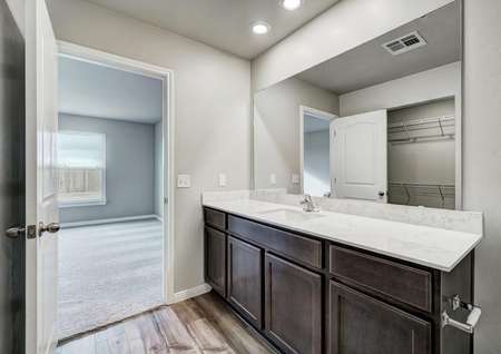 Immense countertop space and a sizable walk-in closet are in the master bathroom.