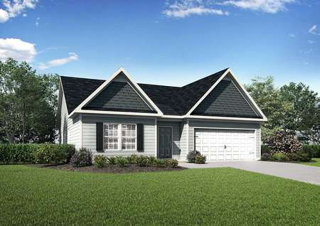 Allatoona house design front view with green grass, white garage door for two cars, and dark on light siding
