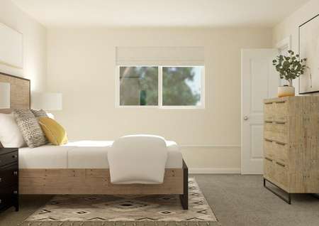 Rendering of a bedroom decorated a wooden
  bed and dresser, two black nightstands and a rug. The room has a window and
  carpeted flooring.