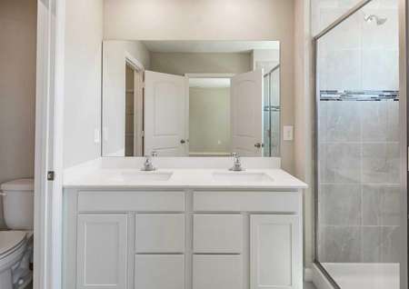 The Calabria floor plan bathroom with double sinks, quartz countertops, white cabinets and a walk-in shower.