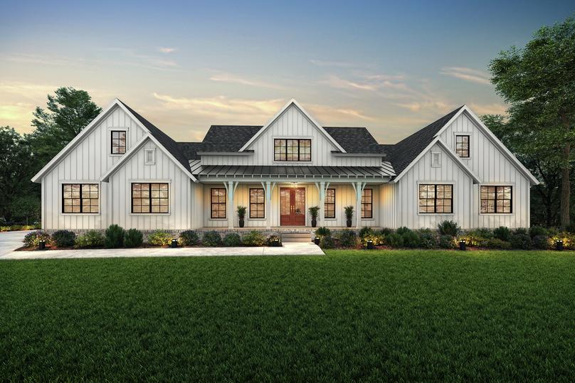 Dusk rendering of the two-story Talloulah with white siding, a large covered front porch and an attached sideload garage.