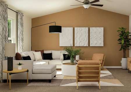 Rendering of the living room with high,
  vaulted ceiling. The room is furnished with a couch, two chairs, coffee table
  and media center.