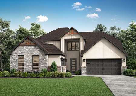 The McAlester is a remarkable two-story home with light stucco, brick and stone.