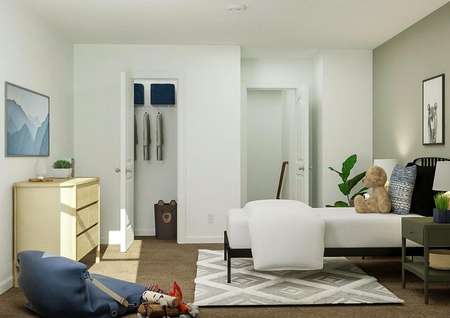 Rendering of a bedroom furnished with a
  twin bed, two nightstands, dresser and a rug. 
