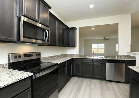Kitchen with polished granite counters, stainless oven, microwave, dishwasher, dark cabinets, light floors overlooks dining