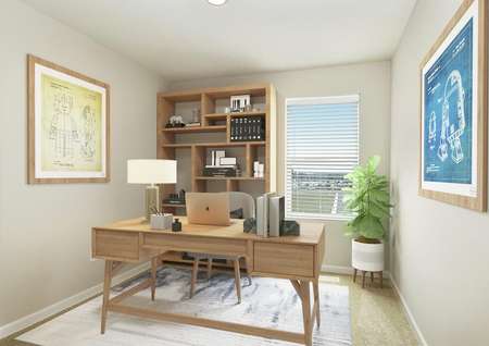 Decorated home office with modern desk, bookshelf, plant and artwork in 2nd floor room.