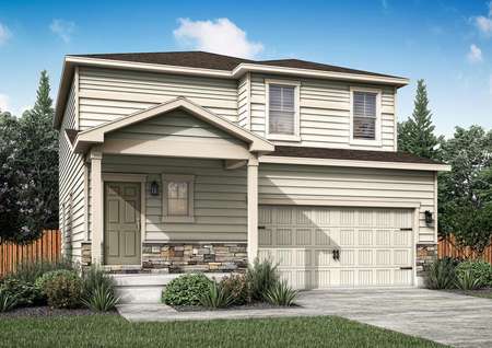 Rendering of a beautiful two-story home with a covered front porch and front landscaping.