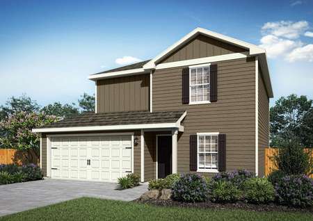 Canyon artist rendering with dark brown siding and white trim, green grass and bushes in the front yard, and two car garage door