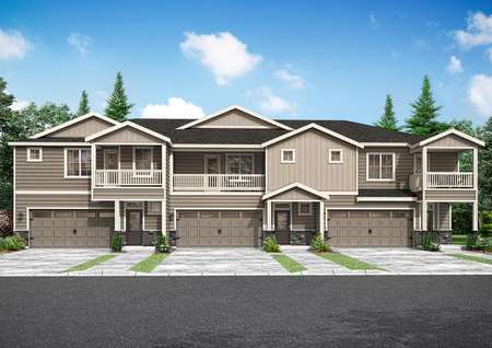 Artist rendering of a straight view of a 3-unit townhome building with the Sapphire, Diamond and Emerald front elevations shown with glass front doors and stone accents.