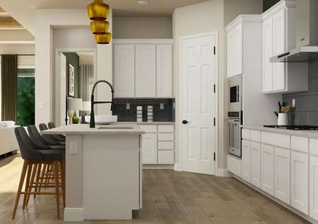 Rendering of the kitchen in the Jasmine
  with wood-look vinyl plank flooring, white cabinetry, tiled backsplash and
  large island. 