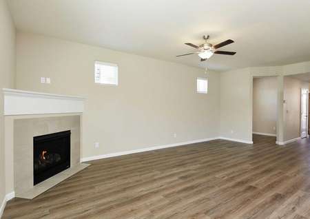 Larch great room with overhead light and fan, white trimmed walls, and wood looking floors