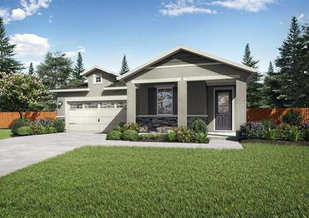 Penny house rendering elevation with green lawn, landscaped yard, and white trimmed garage door
