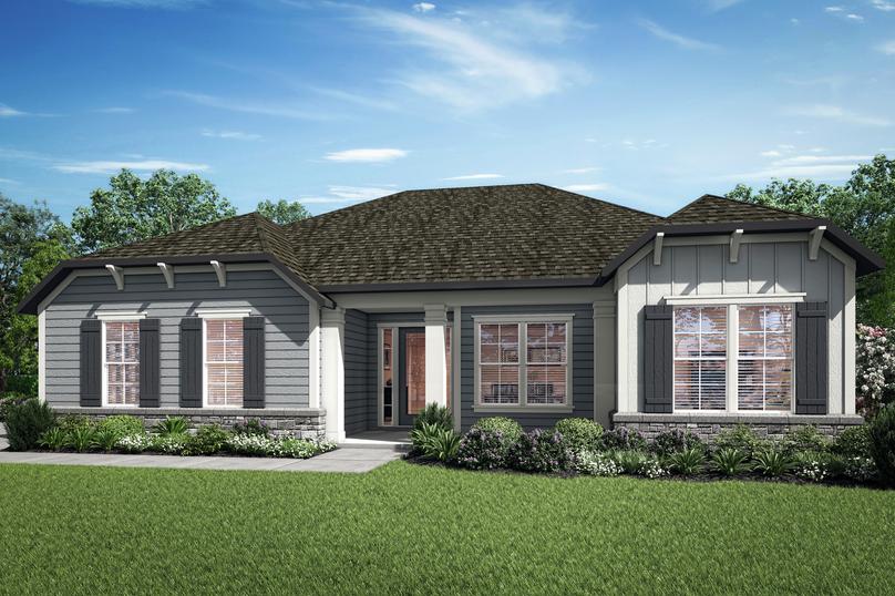 The stunning Albany plan has a charming siding and stone exterior.