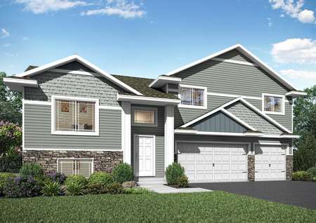Artist rendering of the front elevation of the split-level St. Mary plan by LGI Homes in pale gray siding and shake shingles with white trim, stone accents and a three-car garage.