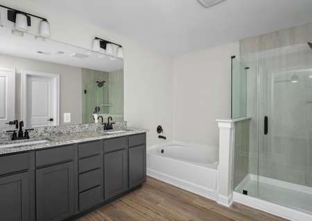 Master bathroom with a dual sink vanity, step in shower and a soaking tub
