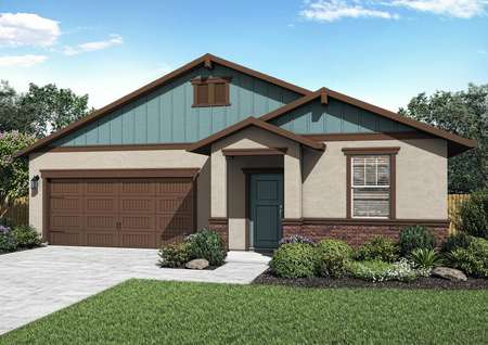 The Imperial plan has a beautiful brick and stucco exterior with a two-car garage.