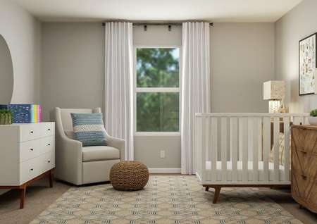 Rendering of a nursery focused on the
  wall with the window. A crib and nightstands are opposite a dresser and
  rocking chair.