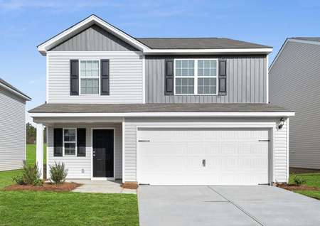 Camden new home plan with brown shutters, white garage door, and two-tone paint finish