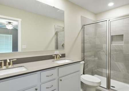 Master bedroom with dual sink vanity and step in shower