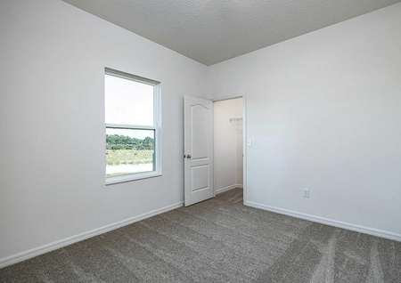 Spare bedroom featuring a large, walk-in closet and a window that lets in plenty of natural light.