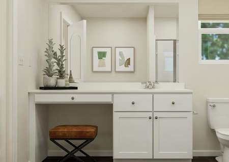 Rendering of the spacious master bathroom
  focused on the white cabinet vanity. A toilet sits beside the sink and the
  shower and tub are visible in the reflection of the mirror.