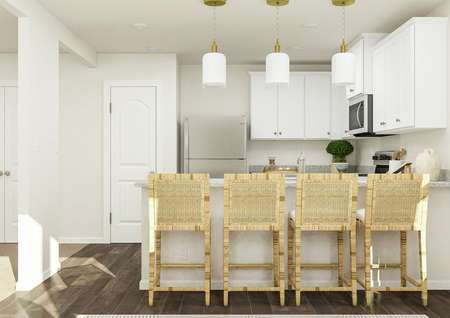 Rendering of the kitchen from the dining
  room. The kitchen has a breakfast bar with four barstools, decorative pendant
  lighting and white cabinetry.
