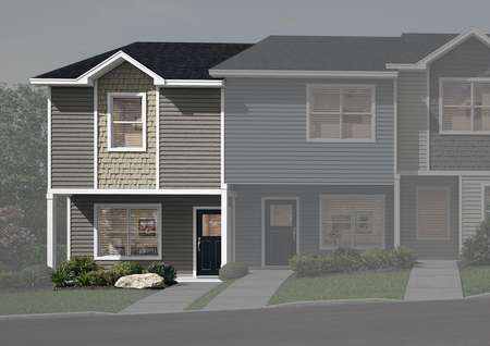 Two-story townhome with gray and tan siding and a covered front porch.