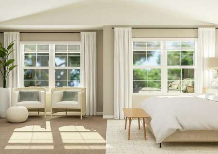 Rendering of the spacious master suite in
  the Burke, looking towards the two large windows. The room has a vaulted
  ceiling and carpeted flooring. A bed is opposite a dresser and a sitting area
  is in-between.