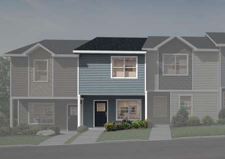 Stunning two-story townhome with blue siding and a covered front porch.