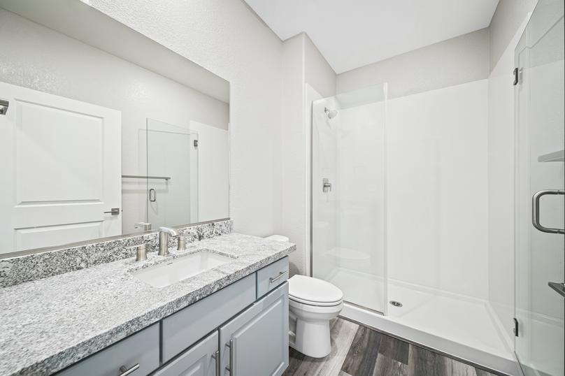 Guest bathroom with a walk-in shower, white cabinets, and granite countertops.