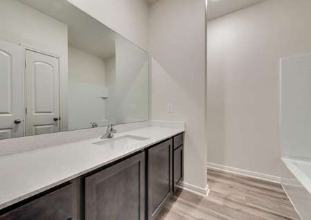 The secondary bath has a stunning vanity with great countertop space.