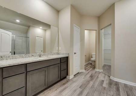 Ontario master bath with private toilet, large vanity space, and walk-in closet