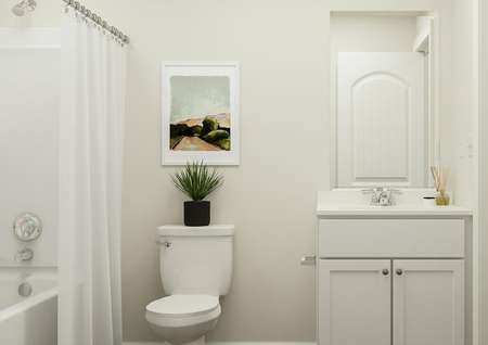 Rendering of a
  bath showing white cabinet vanity, white toilet with countryside artwork
  hanging above it and the shower on the left.