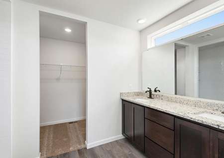 Master bathroom with dual sink vanity and step in shower