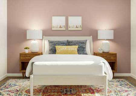 Rendering of a bedroom with a window and
  carpeted flooring. One wall has been painted a light pink and the room is
  furnished with a white bed, wooden nightstands and a colorful rug.