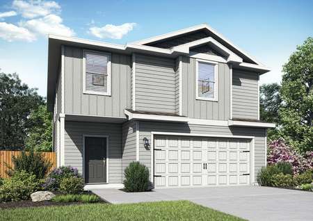 The Osage is a stunning two-story home with gray siding and professional front yard landscaping.