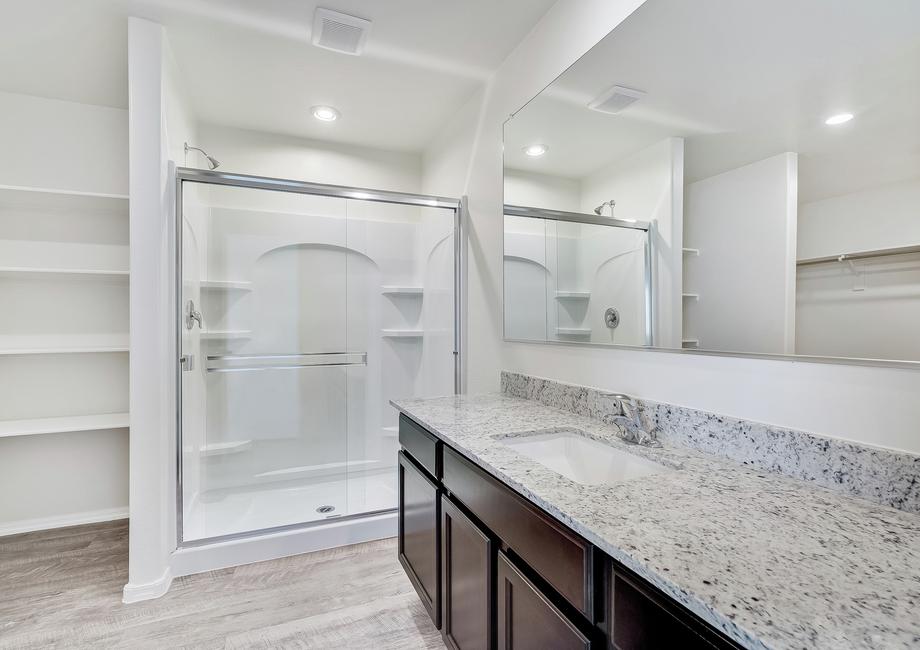 Master bath with a large walk-in shower, vanity with granite countertops, and shelving for storage space.