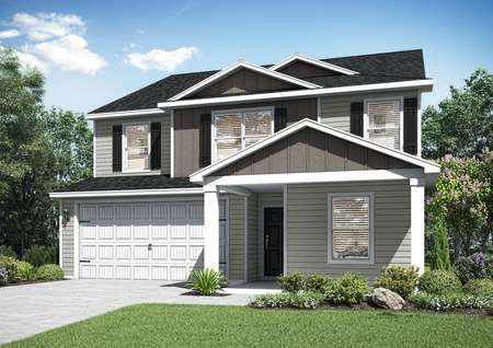 The Hamilton is a remarkable two-story home with gray siding.