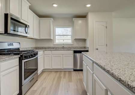 Abundant white cabinets, stainless appliances, window, light color plank flooring, pantry door.