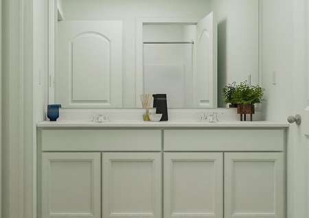 Rendering of a full bath with a
  double-sink vanity with white cabinetry.