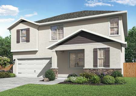 The Malibu plan has a stunning exterior with stone and stucco details.