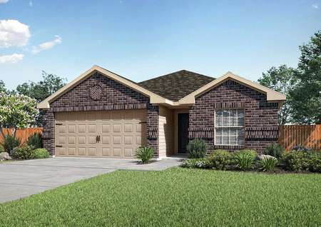 Frio finished house rendering with brick finish, two-car garage, and green grass