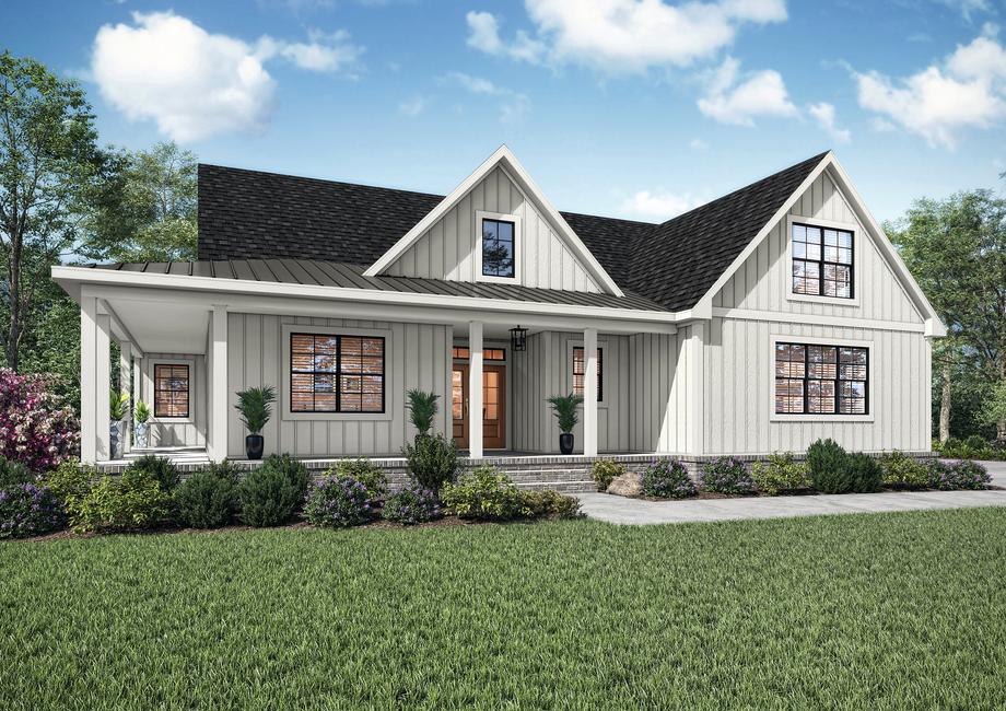 Elevation rendering of the two-story Kennesaw with a wraparound porch and white siding.