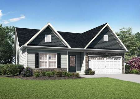 Allatoona exterior rendering with white garage door, green landscaped lawn, and single living level